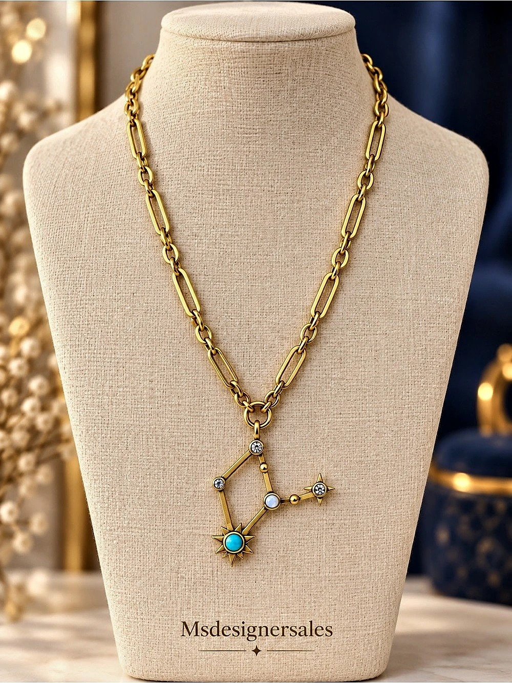 Gold-Tone Pendant Necklace in Gold & Blue Like New 209